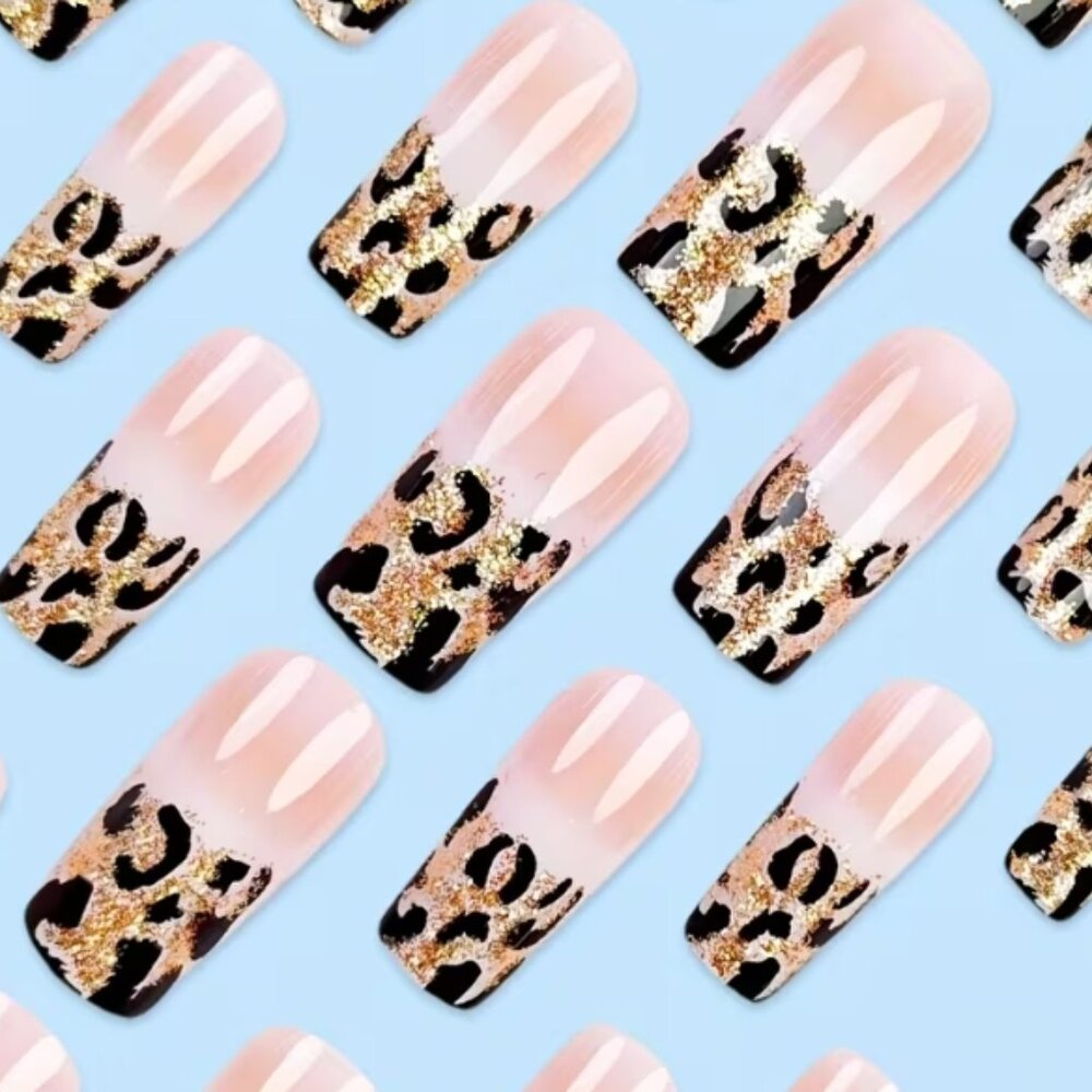 Leopard Press on Nails Gold Glitter Fake Nails Medium Square False Nails NEW - Picture 3 of 4